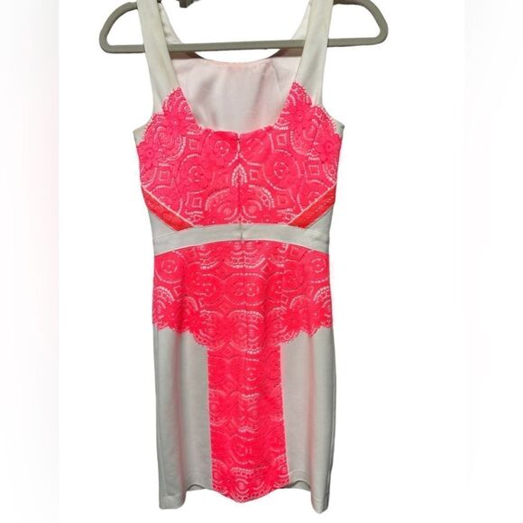 Gianni Bini White Sleeveless Mini Sheath Dress Neon Pink Lace - Picture 6 of 8
